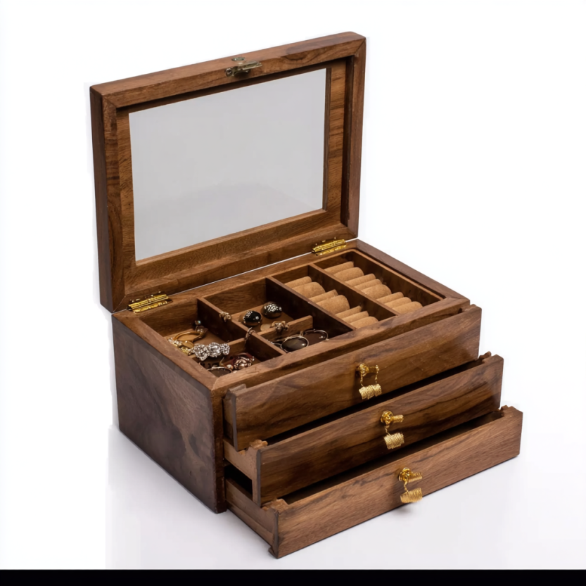 WOODEN 3 TIERS JEWELLERY ORGANIZER BOX
